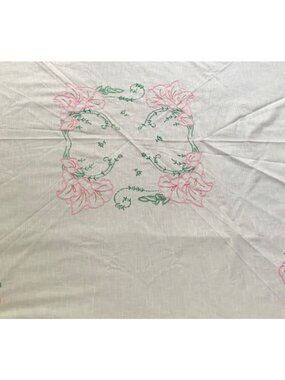 Floral Embroidered Round Tablecloth 68" Diameter Cotton Linen Blend Vintage